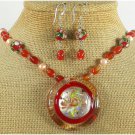 MURANO GLASS CLOISONNE CARNELIAN NECKLACE/EARRINGS SET