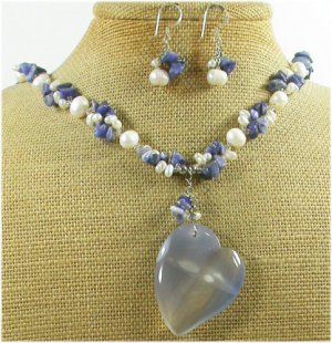BLUE AGATE SODALITE PEARLS NECKLACE/EARRINGS SET