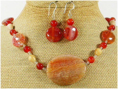 FIRE AGATE & FOSSIL AGATE NECKLACE/EARRINGS SET