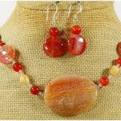 FIRE AGATE & FOSSIL AGATE NECKLACE/EARRINGS SET