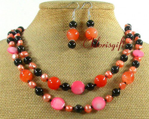 ORANGE JADE BLACK AGATE FW PEARL NECKLACE/EARRINGS SET