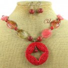 RED CINNABAR TIGER QUARTZ CORAL NECKLACE/EARRINGS SET