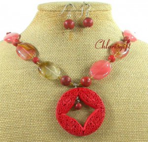 RED CINNABAR TIGER QUARTZ CORAL NECKLACE/EARRINGS SET