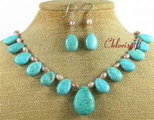 BLUE TURQUOISE & FW PEARL NECKLACE/EARRINGS SET