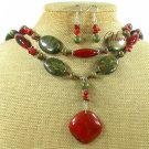 RED CARNELIAN UNAKITE JASPER 2ROW NECKLACE/EARRINGS SET