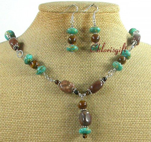 TURQUOISE TIGER EYE JASPER NECKLACE/EARRINGS SET