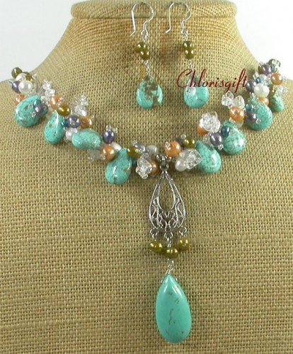 TURQUOISE CLEAR QUARTZ FW PEARL NECKLACE/EARRINGS SET