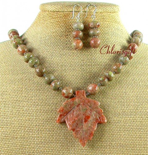 NATURAL AUTUMN JASPER LEAF NECKLACE/EARRINGS SET