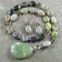 SERPENTINE JADE GREEN PICASSO NECKLACE/EARRINGS SET