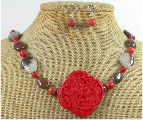RED CINNABAR & MOOKITE & CORAL NECKLACE/EARRINGS SET