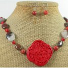 RED CINNABAR & MOOKITE & CORAL NECKLACE/EARRINGS SET