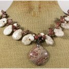 120814 MUGER JASPER WHITE TURQUOISE BROWN JASPER PEARLS NECKLACE