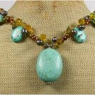120815 TURQUOISE YELLOW CRYSTAL FRESH WATER PEARLS NECKLACE