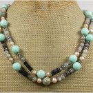 AMAZONITE BLACK AGATE GREY JADE PEARL 2ROW NECKLACE
