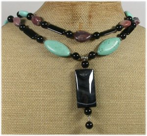TURQUOISE BLACK AGATE JASPER 2ROW NECKLACE