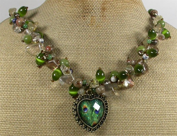 COPPER PEACOCK FEATHER PATTERN PENDANT JADE NECKLACE