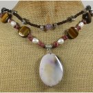 AGATE TIGER EYE RHDONITE QUARTZ PEARLS 2ROW NECKLACE