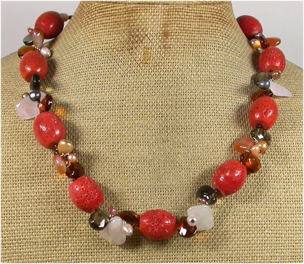 RED CORAL ROSE QUARTZ CRYSTAL FRESH WATER PEARLS NECKLACE