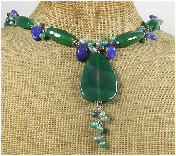 GREEN AGATE LAZULI LAPIS FRESH WATER PEARLS NECKLACE