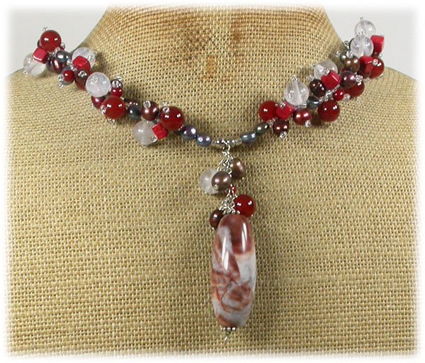 SAGE PLUME AGATE RED AGATE QUARTZ CORAL PEARLS NECKLACE