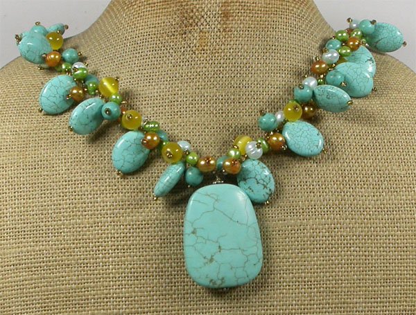 20" TURQUOISE CAT EYE FRESH WATER PEARLS NECKLACE