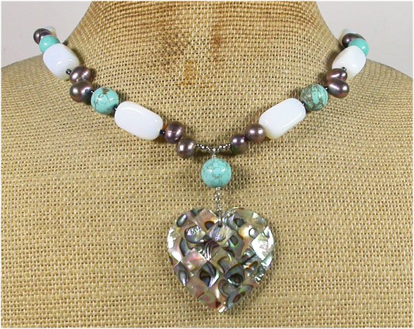 PAUA ABALONE TURQUOISE OPALITE FRESH WATER PEARLS NECKLACE