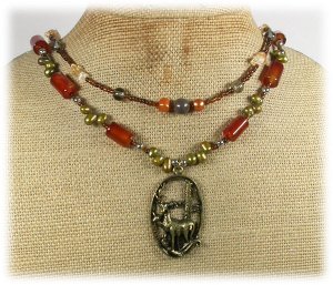 Handmade DEER PENDANT RED AGATE YELLOW QUARTZ PEARLS 2ROW NECKLACE