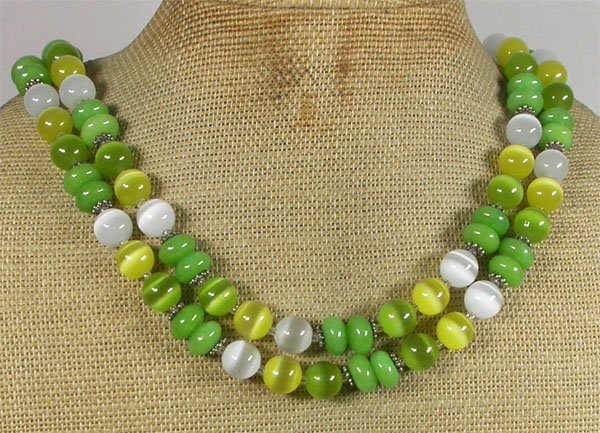 GREEN JADE WHITE GREEN YELLOW CAT EYE 2ROW NECKLACE
