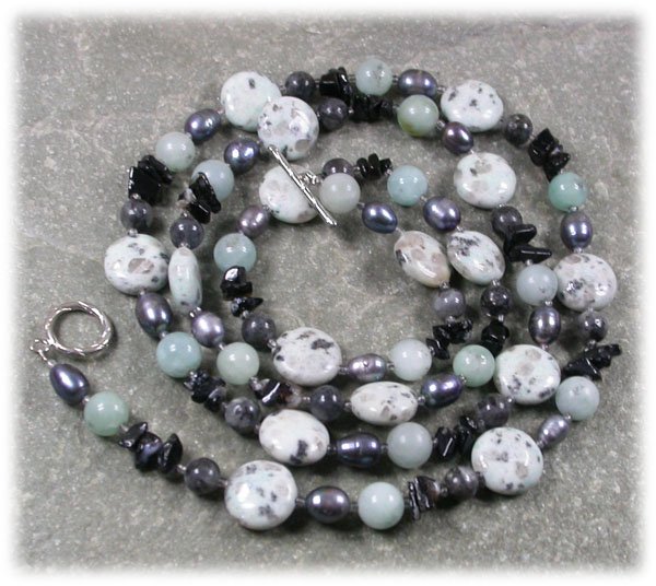 LONG! 40" KIWI SESAME JASPER AMAZONITE BLACK AGATE LABORADITE PEARLS NECKLACE