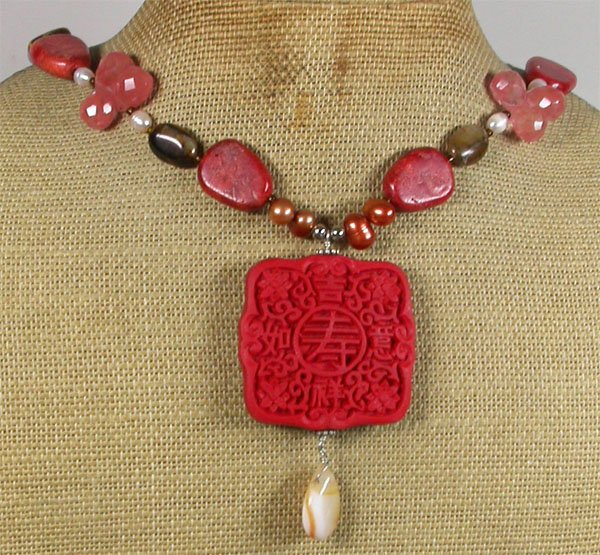 RED CINNABAR CORAL CHERRY QUARTZ AGATE TIGER EYE PEARLS NECKLACE