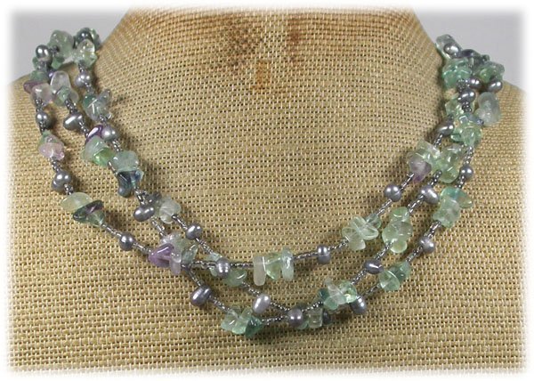 FLUORITE & FRESH WATER PEARLS 3ROW NECKLACE