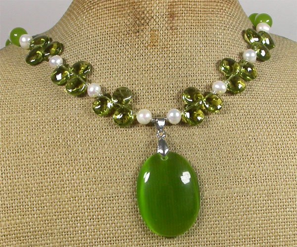 OLIVE CAT EYE CRYSTAL FRESH WATER PEARLS NECKLACE