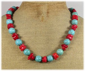 BLUE TURQUOISE RED CORAL NECKLACE