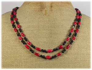 RED CORAL BLACK AGATE 2ROW NECKLACE