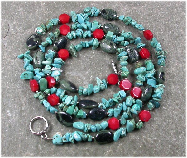 LONG! 40" TURQUOISE KAMBABA JASPER RED CORAL NECKLACE