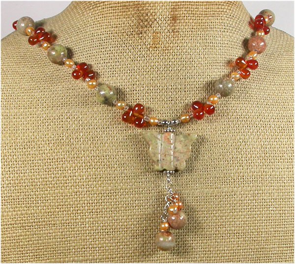 AUTUMN JASPER BUTTERFLY RED AGATE PEARLS NECKLACE