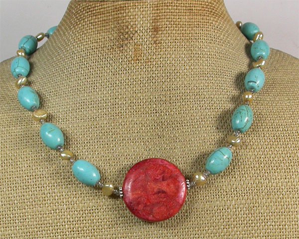 RED CORAL TURQUOISE FRESH WATER PEARLS NECKLACE