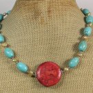 RED CORAL TURQUOISE FRESH WATER PEARLS NECKLACE