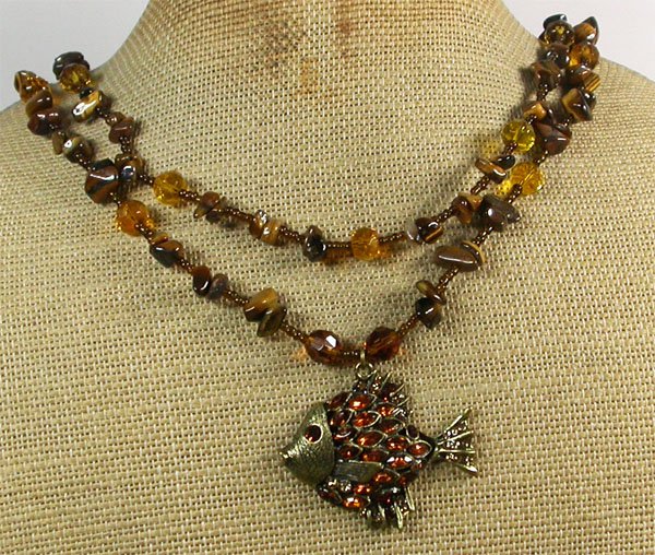 FISH PENDANT TIGER EYE CRYSTAL 2ROW NECKLACE