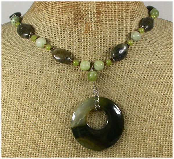 OLIVE FIRE AGATE LABORADITE JADE NECKLACE