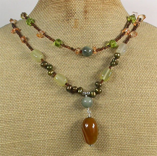 YELLOW AGATE CRYSTAL QUARTZ PEARLS 2ROW NECKLACE