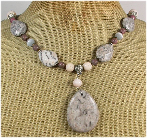 POPPY JASPER ZEBRA JASPER RHODONITE CORAL CAT EYE NECKLACE