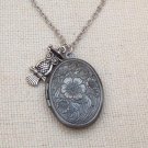 OVAL FLORAL LOCKET & SILVER OWL CHARM NECKLACE