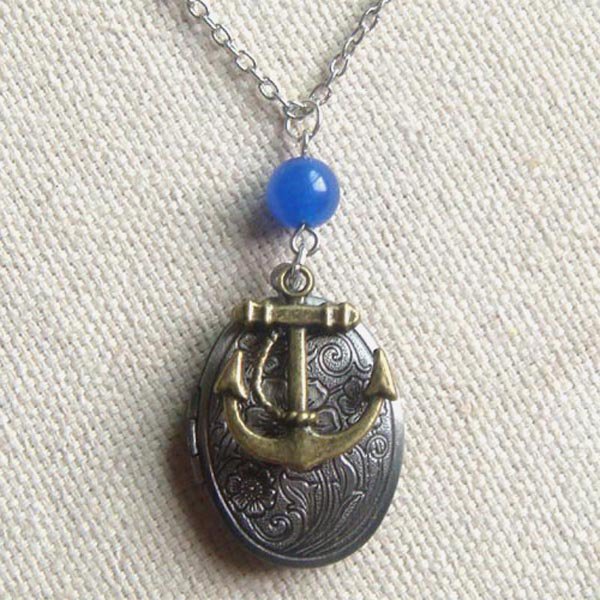 OVAL LOCKET & ANCHOR CHARM & BLUE JADE NECKLACE