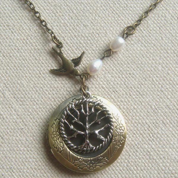 ROUND LOCKET PENDANT & SWALLOW BIRD & TREE NECKLACE