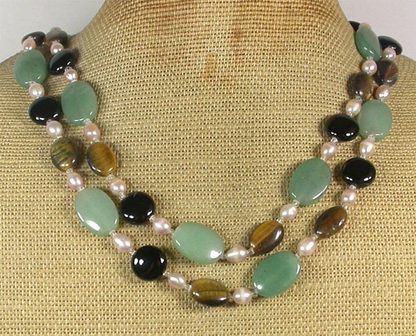 GREEN JADE TIGER EYE BLACK AGATE PEARLS 2ROW NECKLACE