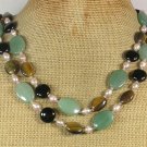 GREEN JADE TIGER EYE BLACK AGATE PEARLS 2ROW NECKLACE