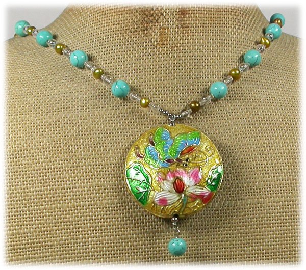 FLOWER CLOISONNE TURQUOISE FW PEARLS NECKLACE