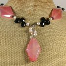 CHERRY FIRE AGATE BLACK CRYSTAL FRESH WATER PEARLS NECKLACE