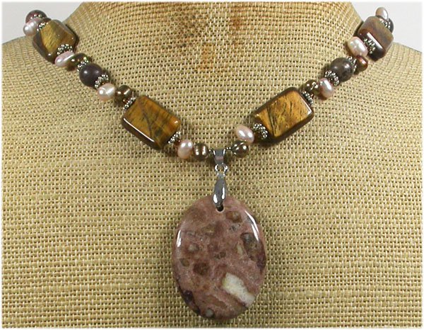Handmade BROWN POPPY JASPER TIGER EYE FW PEARLS NECKLACE